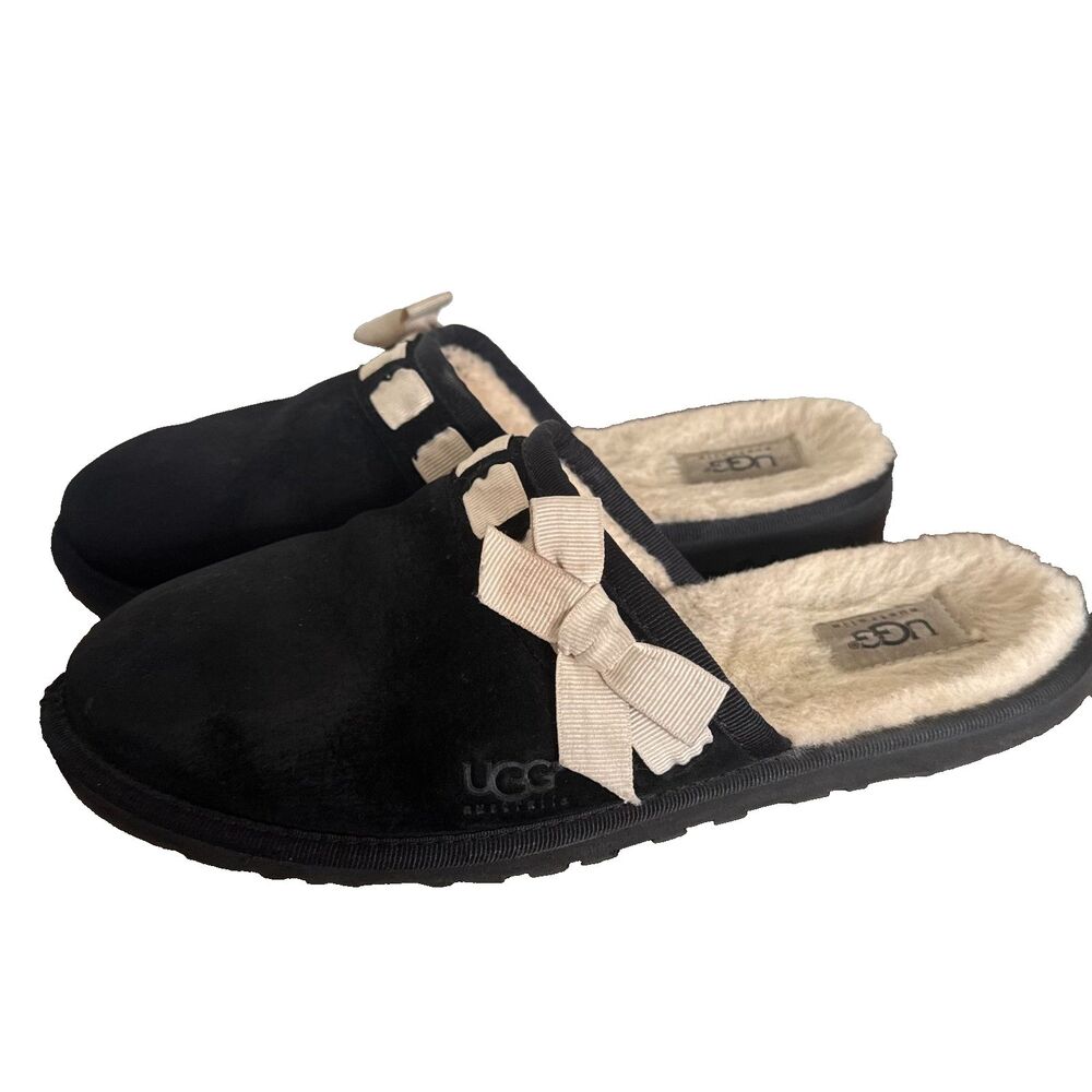 UGG Scuffette Bow Slippers Women's 9 Black Sheepskin House Shoes